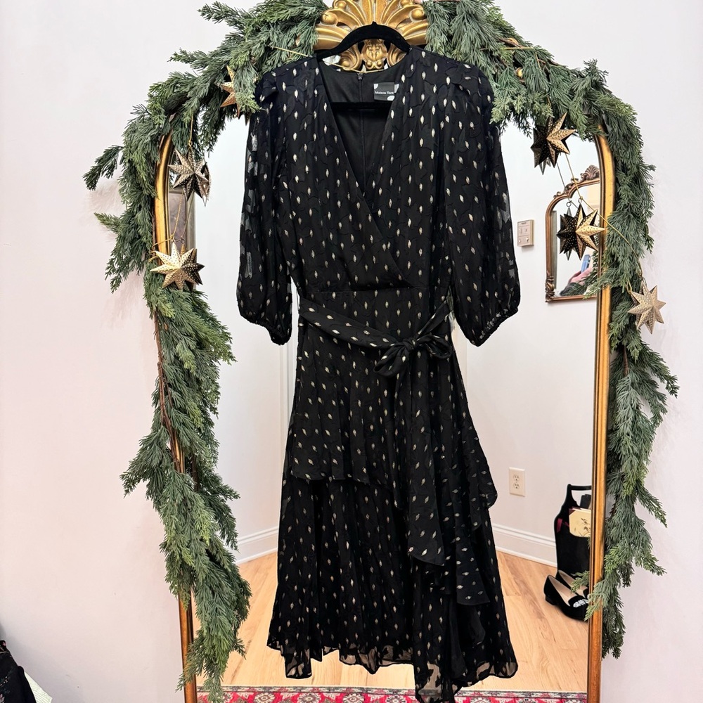 Maison Tara Black/ Metallic/ Chiffon Midi Dress Women's Size 12